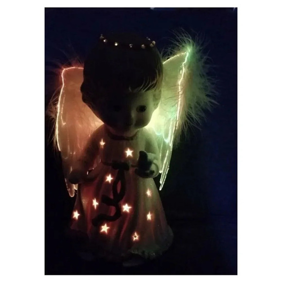 Ceramic Angel holding bird multi color light up wings 8" Sparkle Dress - Picture 5 of 8
